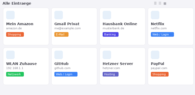 Kachelansicht mit farbigen Kategorie-Badges