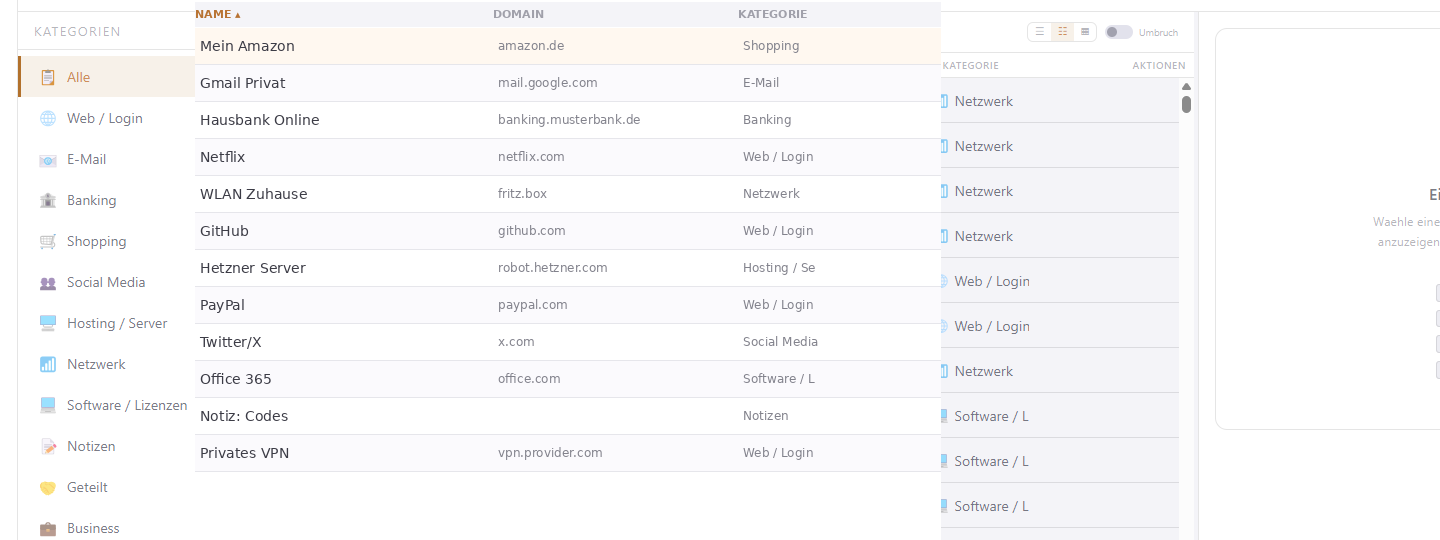 PluriKey Tresor - Kategorien, Tabelle, Detail-Panel