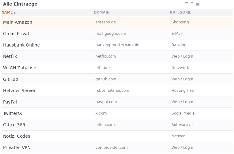 Tabellenansicht mit Demo-Eintraegen